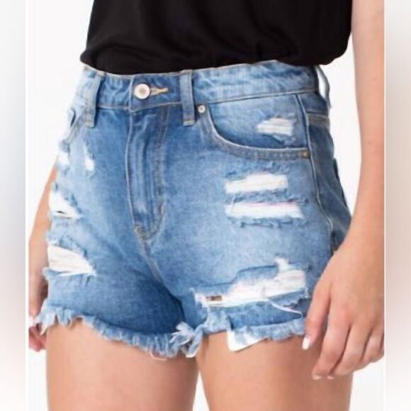 KanCan Pastel/rainbow Thread High Rise Distressed Cotton Frayed Hem Denim Shorts - Picture 14 of 16